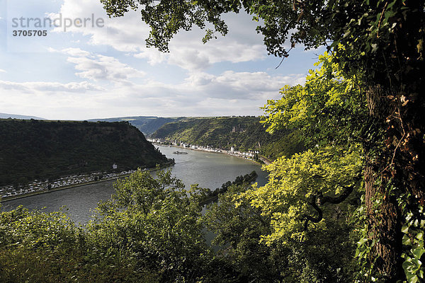 Blick vom Loreley-Felsen und das Mittelrheintal bei St. Goarshausen mit Burg Katz  Rheinland-Pfalz  Deutschland  Europa