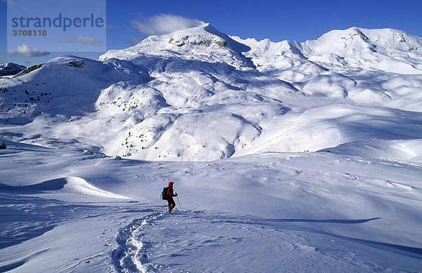 Schneeschuhgeherin vor dem Monte Sella de Sennes  2787m  Sennes-Alm  Naturpark Fanes-Sennes-Prags  Dolomiten  Südtirol  Italien  Europa