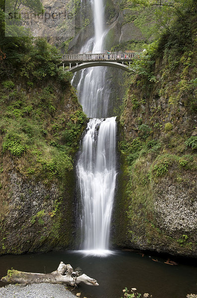 Zweistufige Wasserfälle mit Fußgängerbrücke  Multnomah Falls  Portland  Oregon  USA