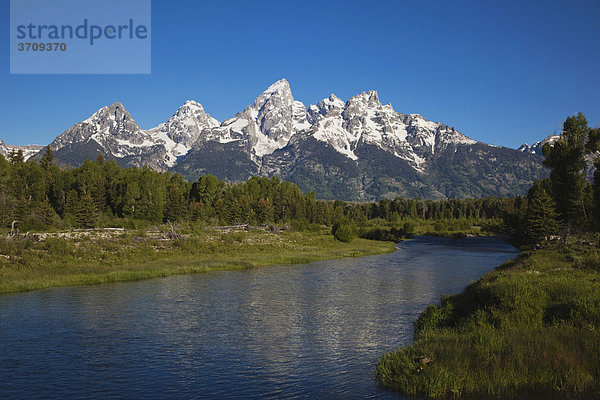 Grand Teton Range Gebirgszug und Snake River Fluss  Schwabacher Landing  Grand Teton National Park  Wyoming  USA