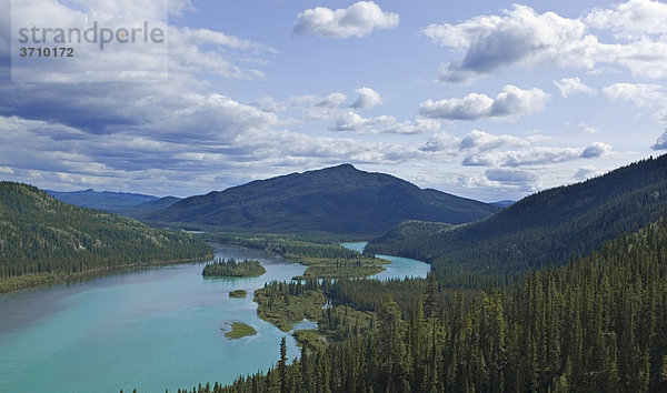 Blick auf den Zusammenfluss von Yukon River und Teslin River  Hootalinqua  Wasser und Farben vermischen sich  Yukon Territory  Kanada