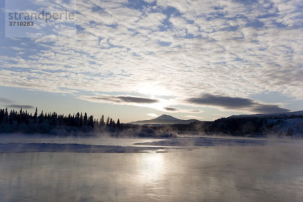 Eisnebel  gefroren  dampfend  Yukon River  hinten der Golden Horn Mountain  in der Nähe von Whitehorse  Yukon Territory  Kanada