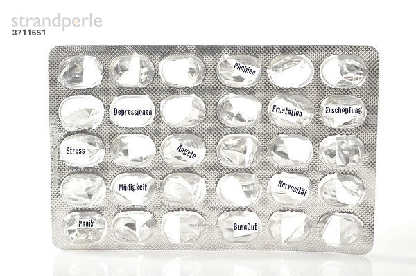 Leere Tablettenverpackung mit Beschriftung diverser psychischer Symptome