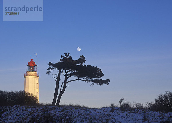 Leuchtturm im Abendlicht  aufgehender Mond  Hiddensee  Ostsee  Mecklenburg-Vorpommern  Deutschland  Europa