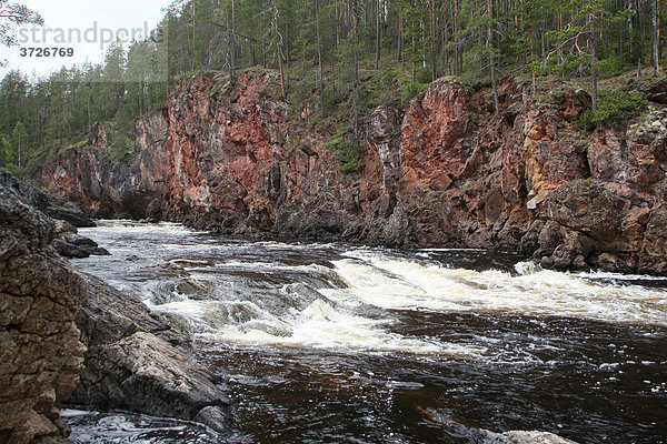 Rote Granitfelsen mit Stromschnellen des Oulankajoki im Oulanka Nationalpark  Lappland  Finnland  Europa