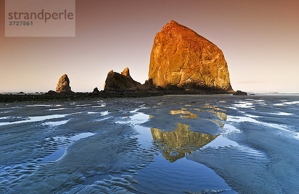Berühmter Fels Haystack Rock Monolith  erstarrter Lavafelsen spiegelt sich in den Gezeitentümpel  am Cannon Beach  Touristenattraktion  Clatsop County  Oregon Coast  USA  Nordamerika
