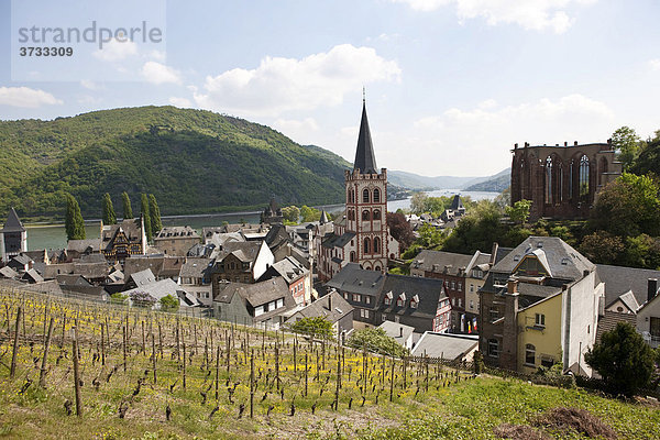 Blick auf die Peterskirche und die Ruine der Wernerkapelle in der Altstadt von Bacharch  Unesco-Welterbe Oberes Mittelrheintal  Bacharach  Rheinland Pfalz  Deutschland  Europa