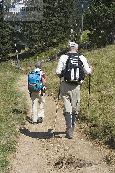 Älteres Paar beim Wandern  Rucksack  Wanderstöcke  Weg