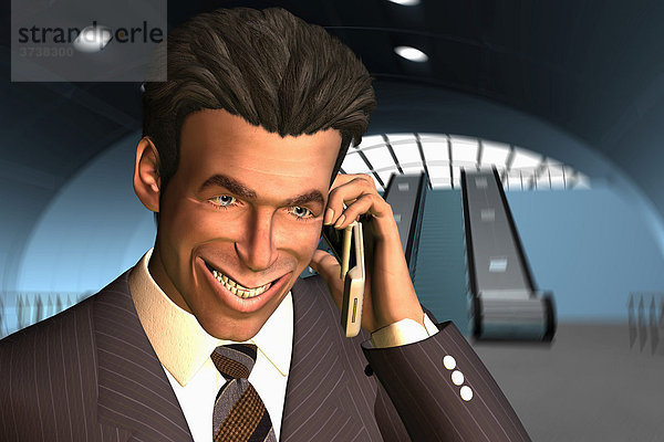 Computer-generiertes Abbild eines Businessmans der mit großem Grinsen auf dem Handy telefoniert