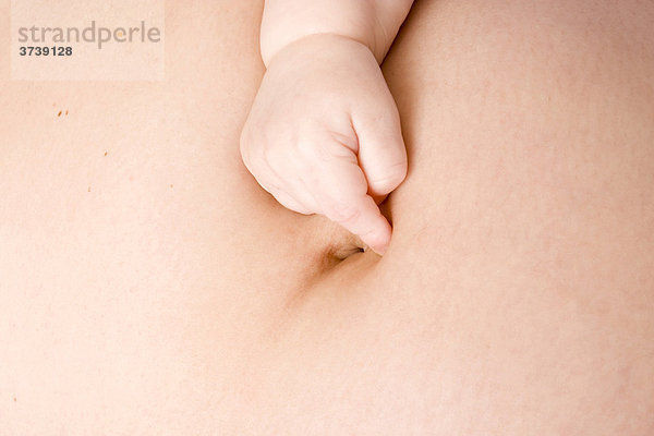 Hand eines Babys  7 Monate  mit Unterleib der schwangeren Mutter