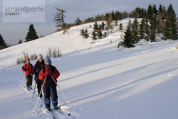 Familie fährt Ski in dem Stiavnicke vrchy Naturschutzgebiet  Slovakien  Europa