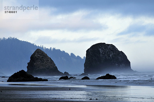 Berühmter Fels Haystack Rock  erstarrter Lavafelsen am Cannon Beach  Touristenattraktion  Clatsop County  Oregon coast  USA  Nordamerika