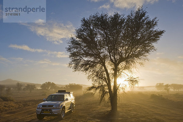 Geländewagen Toyota Hilux im Morgennebel in der Wüste bei Sossusvlei  Namibia  Afrika