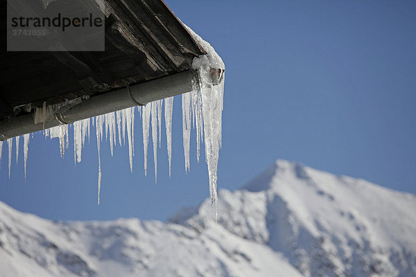 Eiszapfen an der Dachrinne eines Hauses  hinten die schneebedeckten Berge  Salzburg  Österreich  Europa