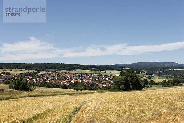 Ortsansicht auf Oberthulba über Getreidefeld  Rhön  Unterfranken  Bayern  Deutschland  Europa