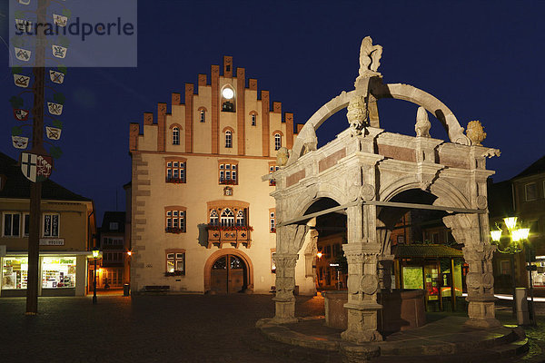 Brunnen vor Rathaus am Marktplatz bei Nacht  Hammelburg  Rhön  Unterfranken  Bayern  Deutschland  Europa