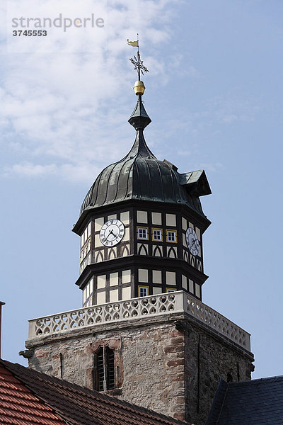 Half-timbered church tower in Geisa  Rhoen  Thuringia  Germany  Europe