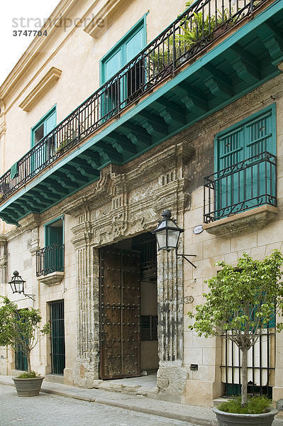 Facade with turquoise balcony  Havana  Cuba  Central America  Caribbean