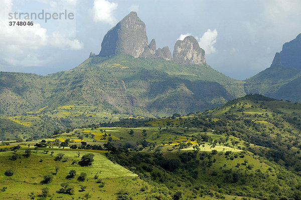 Bergzinne in fruchtbarer Gebirgslandschaft  Semien Berge  Semien Mountains Nationalpark  südlich von Aksum  Äthiopien  Afrika