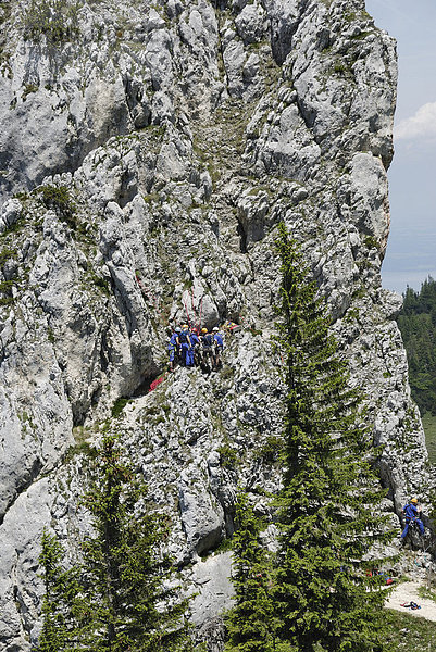 Mitglieder der Bergwacht üben in einer Felswand  nahe Kampenwand  Bayern  Deutschland  Europa