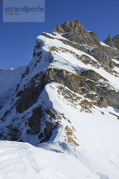 Mit Schnee bedeckter Felsgrat in den Kalkalpen  Rofan  Tirol  Österreich  Europa