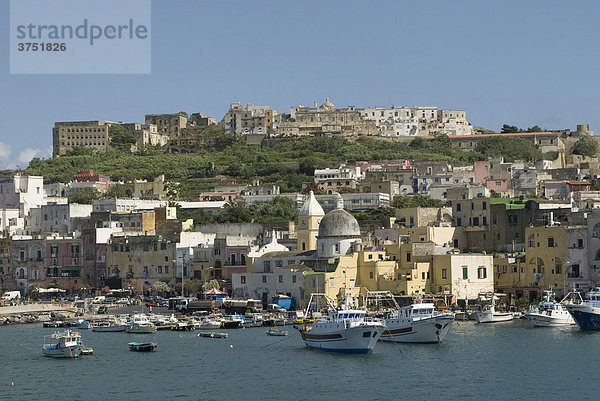 Blick vom Meer auf Hauptort Procida und Hafen  Insel Procida  Golf von Neapel  Kampanien  Italien