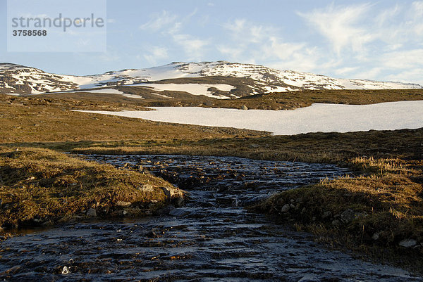 Wildbach und Schneereste in einsamer Fjellandschaft Abisko Nationalpark Lappland Schweden