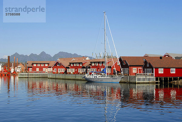 Rote Rorbuer Häuser  Fischerhäuser spiegeln sich im ruhigen Wasser  Hafen von Kabelvag  Lofoten  Norwegen