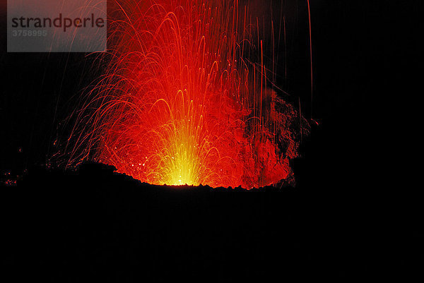 Nighttime volcanic eruption  Stromboli Island  Aeolian Archipelago  Southern Italy