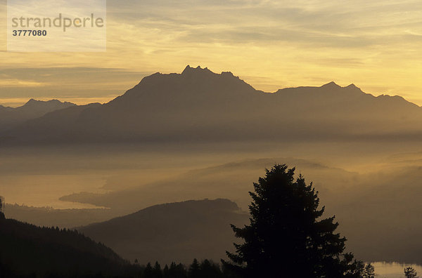 Sonnenuntergang  Zugerberg mit Sicht auf den Pilatus und den Vierwaldstättersee  Zug  Schweiz