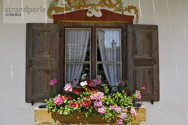 Fenster eines bayerischen Bauernhofes  Bayern  Deutschland