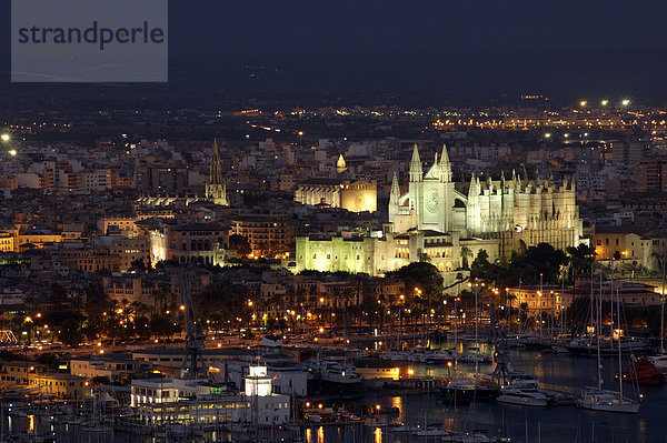 View on harbour  old town  cathedral at night  Palma de Majorca  Spain