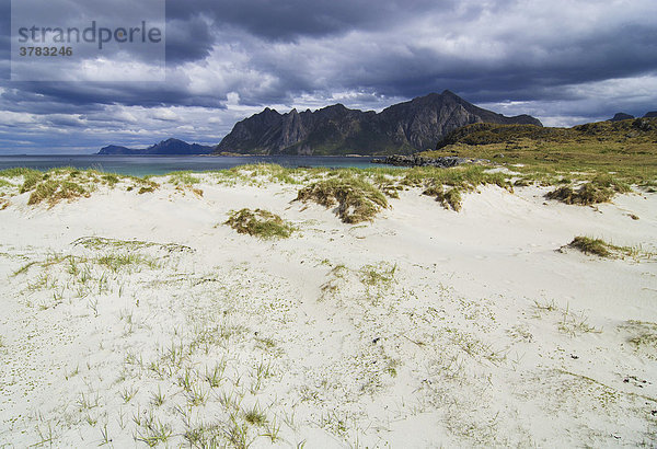 Küstenlandschaft mit Sandstrand  Austvagoy  Lofoten  Norwegen  Skandinavien  Europa