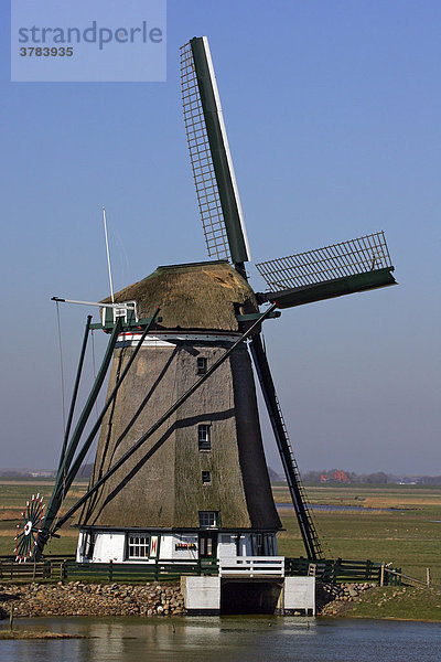 Alte holländische Windmühle De Mol zur Entwässerung am Polder Het Noorden bei Oost auf Texel  Holland  Niederlande  Europa