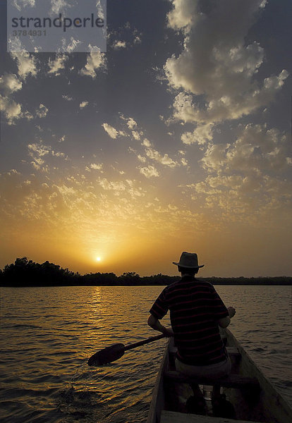 Tourist paddelt auf dem Gambia River und genießt den Sonnenuntergang  bei Tumani Tenda  Gambia  Afrika