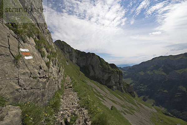 Bergweg mit Markierung im Alpsteingebirge Kanton Appenzell  Schweiz