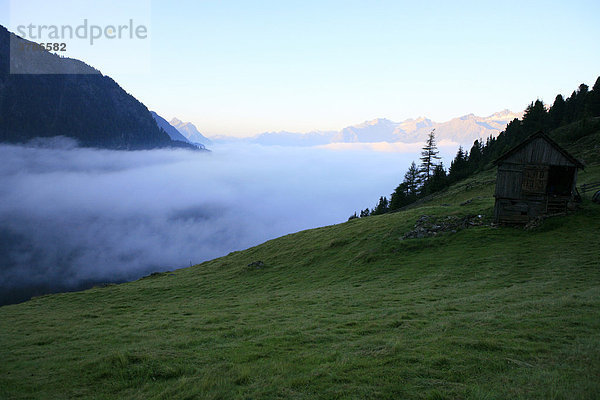 Holzhütte auf einer Wiese in der Morgendämmerung mit Nebelwolken  Ötztal  Tirol  Österreich