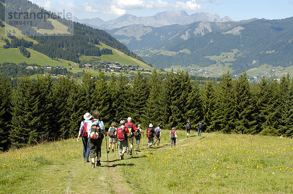 Gruppe wandert hintereinander im Gebirge über Gras bei Megeve Hochsavoyen Haute-Savoie Frankreich