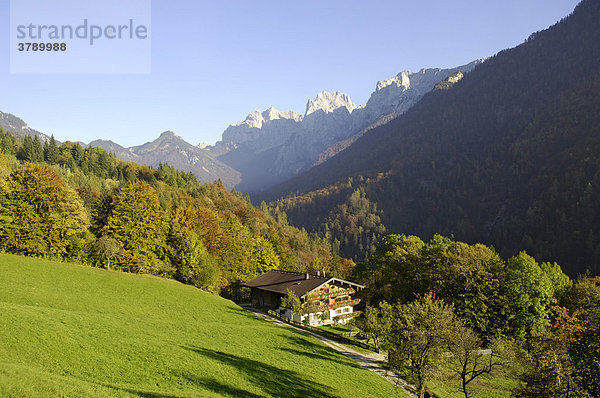 Bauernhof mit Blick zum wilden wilder Kaiser  Alpen  Tirol  Österreich