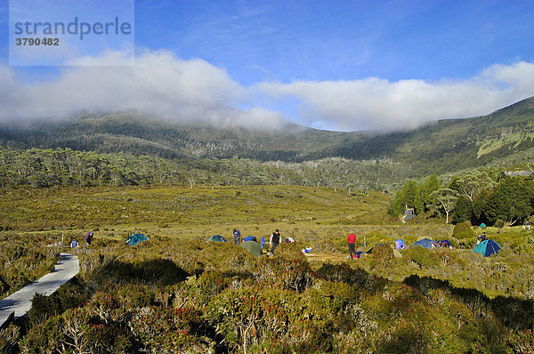 Zeltplatz im Waterfall Valley am Overland Track Cradle Mountain Lake St Clair Nationalpark Tasmanien Australien