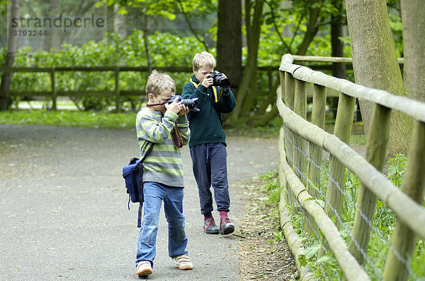 Zwei Jungen acht und zehn Jahre fotografieren in Zoo