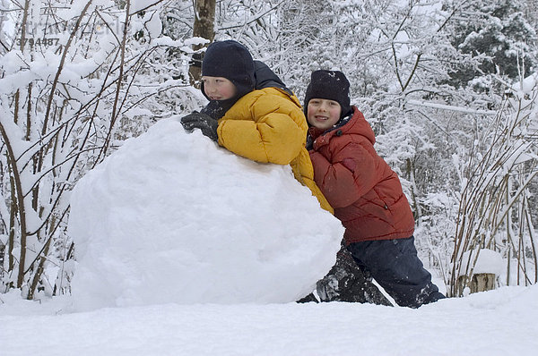 Zwei kleine Jungen 6 und 8 Jahre wälzen Schneekugel um einen Schneeman zu bauen