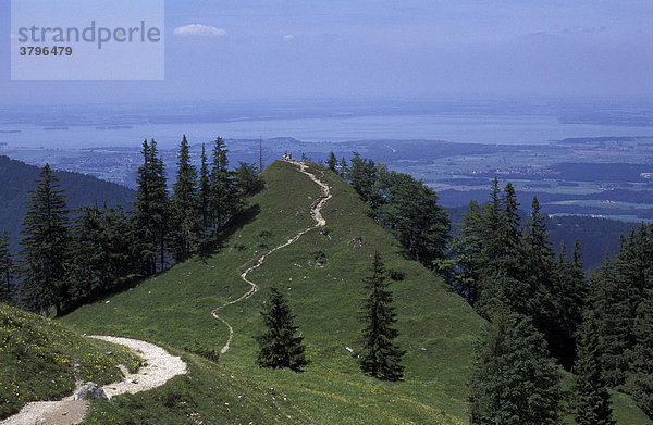 Blick über eine Bergnase am Hochfelln auf den Chiemsee  Bayern  Deutschland