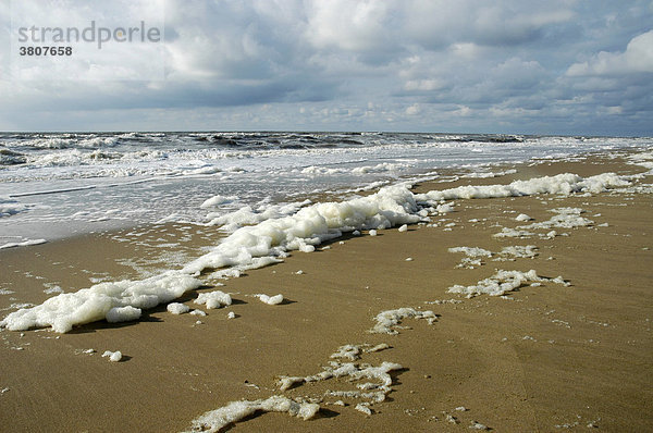 Schaumbildung durch Wind und Wellen am Strand  Nordsee