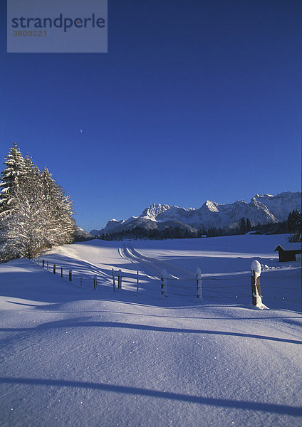 Karwendelgebirge im Winter von Gerold mit Langlaufloipe  Oberbayern  Bayern  Deutschland