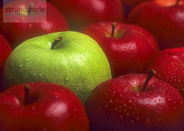 Rote Äpfel  darunter ein grüner Apfel |