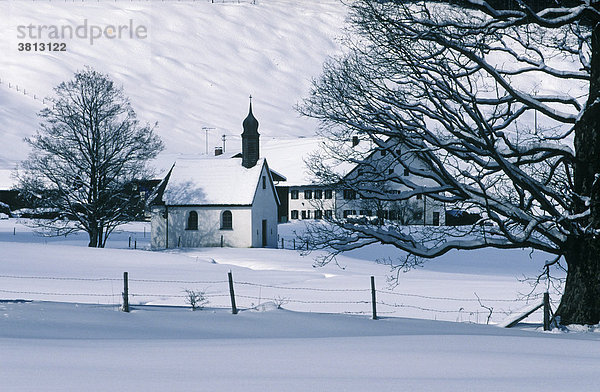 Winterlicher Bauernhof mit Kapelle in Peustelsau bei Wildsteig im Pfaffenwinkel   Oberbayern   Deutschland