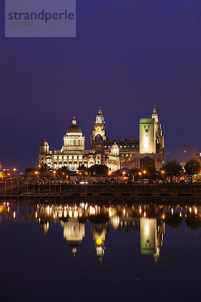 Liverpool  Direkt am Mersey spiegeln sich die drei Grazien - The Royal Liver Building - The Gunard Building - The Port of Liverpool im Wasser des Albert und Salthouse Dock  Liverpool  England