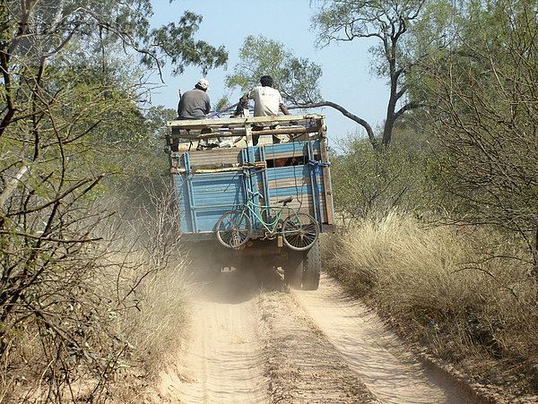 Verkehrsunsicherer Viehtransporter auf einsamer Sandpiste im Gran Chaco an der Grenze zwischen Paraguay und Bolivien