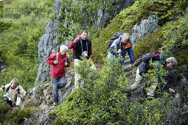 MR Wanderer auf unwegsamem Küstenpfad Flakstadöya Lofoten Norwegen